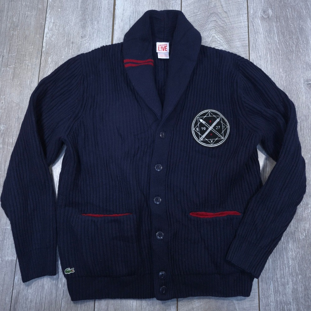 Lacoste Cardigan Sweater Mens XL Navy Lambswool Blend Shawl Collar Patch Ribbed